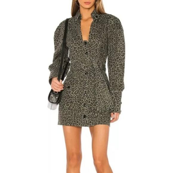 MARISSA WEBB Mera Leopard Print Denim Dress Womens Small Olive Green Belted - Picture 1 of 16